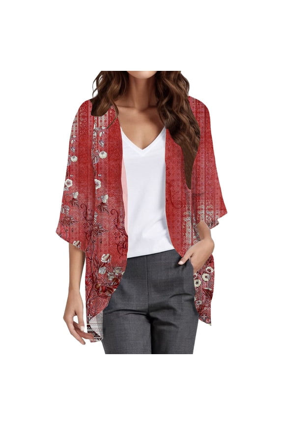 Women's Lightweight Floral Print Cardigan Open Front Long Sleeve Casual Fall Winter Cardigan Boho Flowy Coat Women's Printed Three Quarter Sleeve Loose Blouse Fashion Cardigan Shirt Top Red M