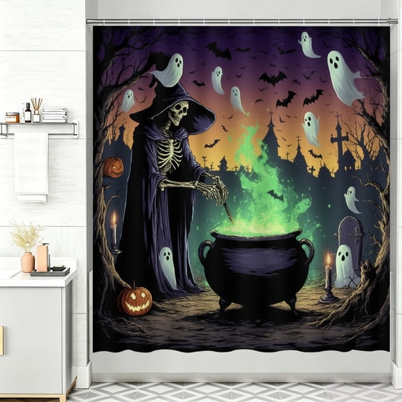 Halloween themed shower curtain A skeleton in a witch's hat stirring a cauldron with a broom farmhouse shower curtains shower curtain 72x72 bathroom halloween decor