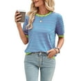 thumbnail image 2 of Womens Tops Casual Summer Crewneck Short Sleeve Striped Color Block Knit High Low Trendy Pullover Sweaters Pink Green XXL, 2 of 9