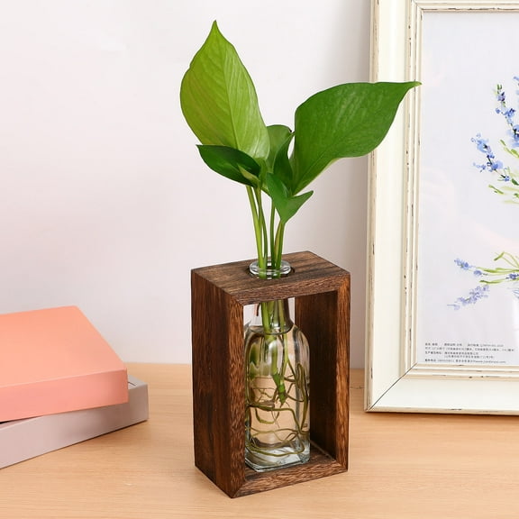 OUNONA Brown Wood Frame Glass Planter for Hydroponic Plant Propagation, Indoor Garden Decor, 1 Set