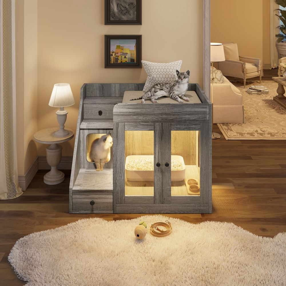 MINESTIA  Cat Litter Box Enclosure with Light, Hidden Litter Box Furniture with 2 Storage Drawers, Indoor Cat House Side Table for Living Room