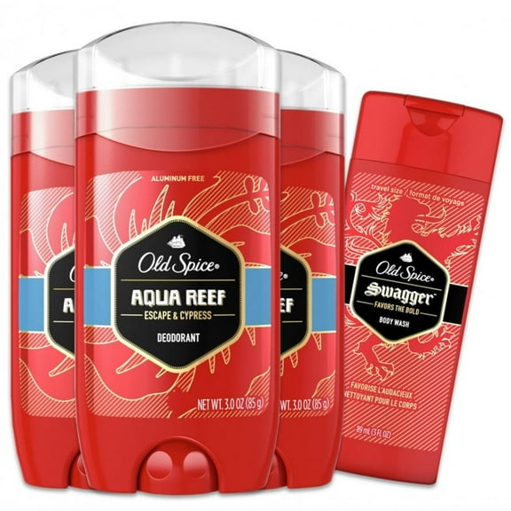 Old Spice Men's Deodorant Aluminum-Free Aqua Reef, 3.0 oz Pack of 3 with Travel-Sized Swagger Body Wash