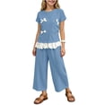 thumbnail image 2 of SGFCWSX Girls 2 Piece Outfits Bow Lace Hem Short Sleeve Tops Wide Leg Capri Pants Summer Casual Clothes Set Light Blue Size 3T, 2 of 9