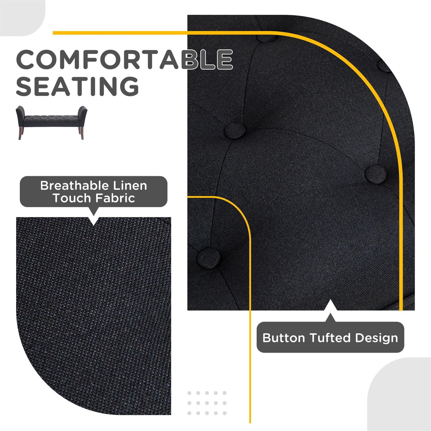 Demi Bonn 55" Upholstered Bench with Button Tufted Design, Armrest & Solid Wood Ends for Bedrooms, Comfortable Seating & Stylish Decor, Black