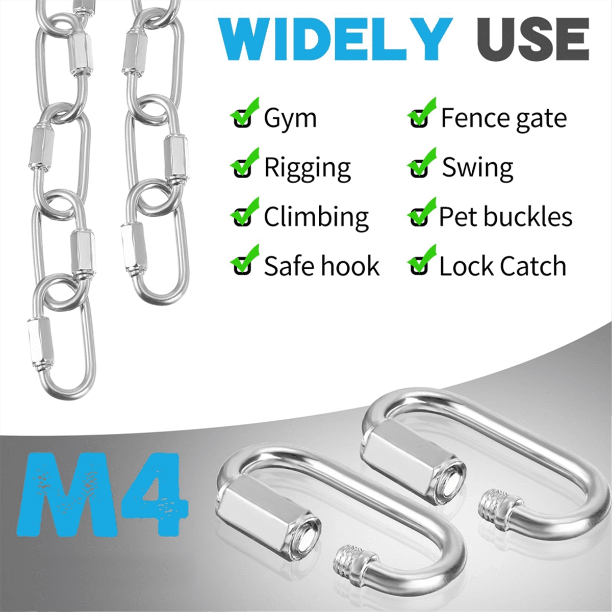 50 Pcs Stainless Steel Quick Chain Link M3.5, 1.45 Inch, 174lbs D Shape Locking Chain Hooks Chain Link Connector,50 x Chain Link Connector,Silver