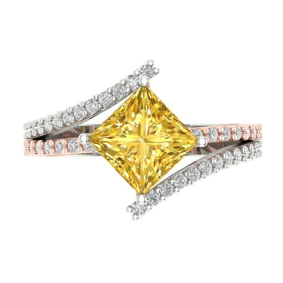 2.3075 ct Princess Cut Simulated Yellow Diamond Solitaire with Simulated Diamond Accents 18K White/Rose Gold Womens Engagement Ring