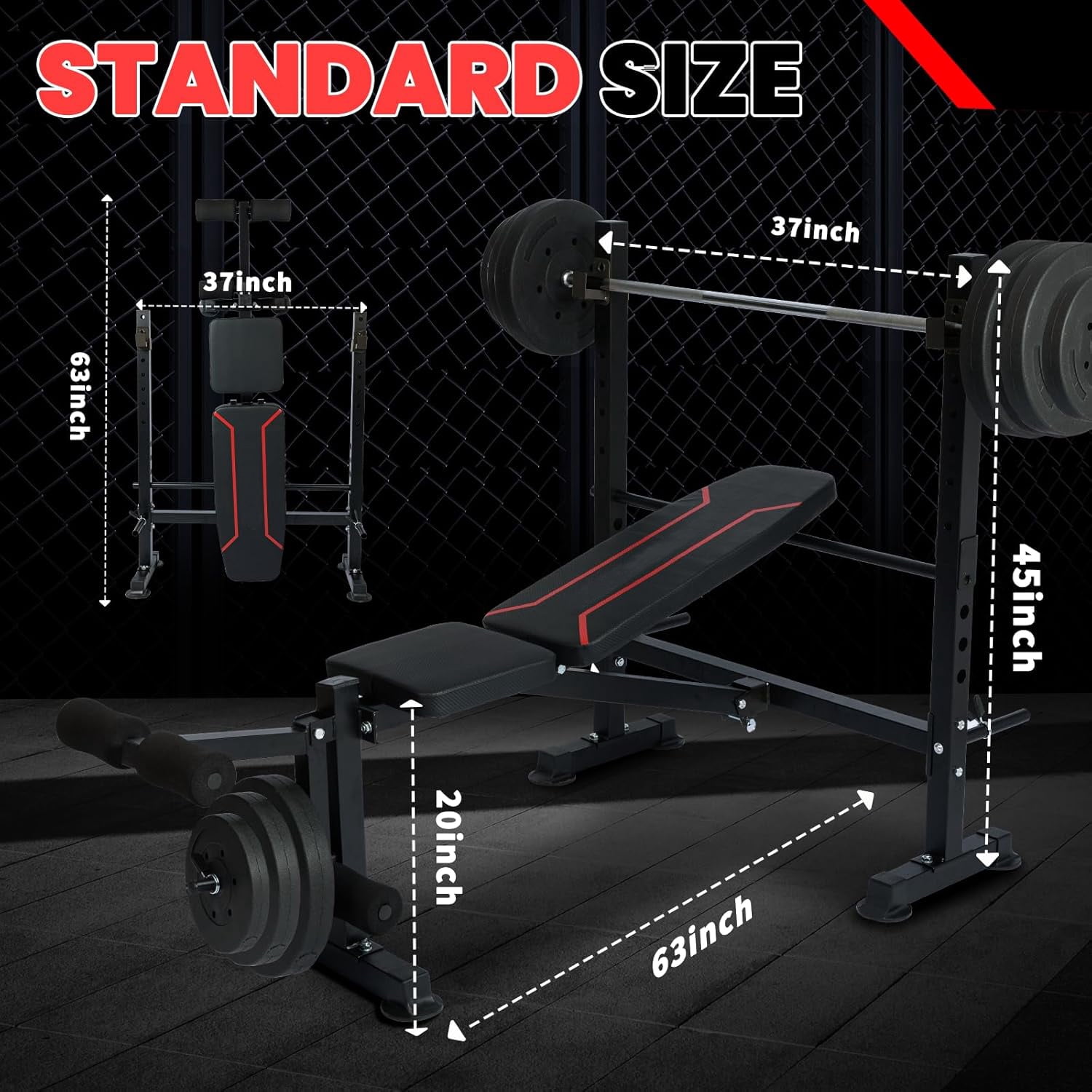 PUATUL Standard Weight Bench Set with Leg Extension and Leg Curl, Adjustable Bench Press Set with Squat Rack, Foldable Flat Incline Decline Workout Bench for Home Gym Full Body(US Stock)