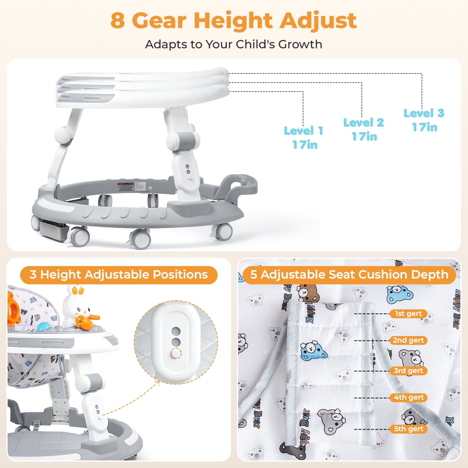 4-in-1 Adjustable Baby Walker & Activity Center, Foldable with 8 Silent Wheels, Removable Toy Tray - Convertible Learning Walker, Dining Chair, Self-Walker for Toddlers 6+ Months