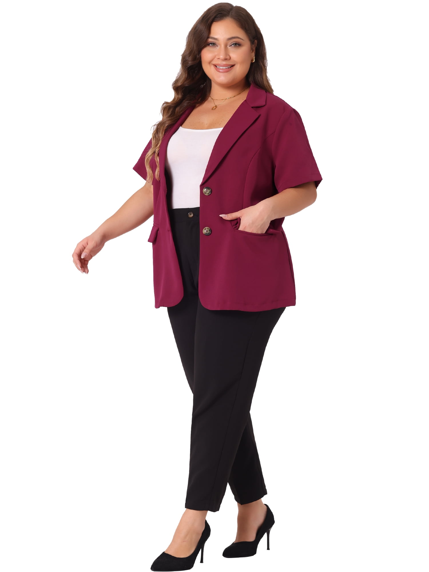 DARING DIVA Women's Plus Casual Blazers Short Sleeve Notched Lapel Blazer 1X Burgundy