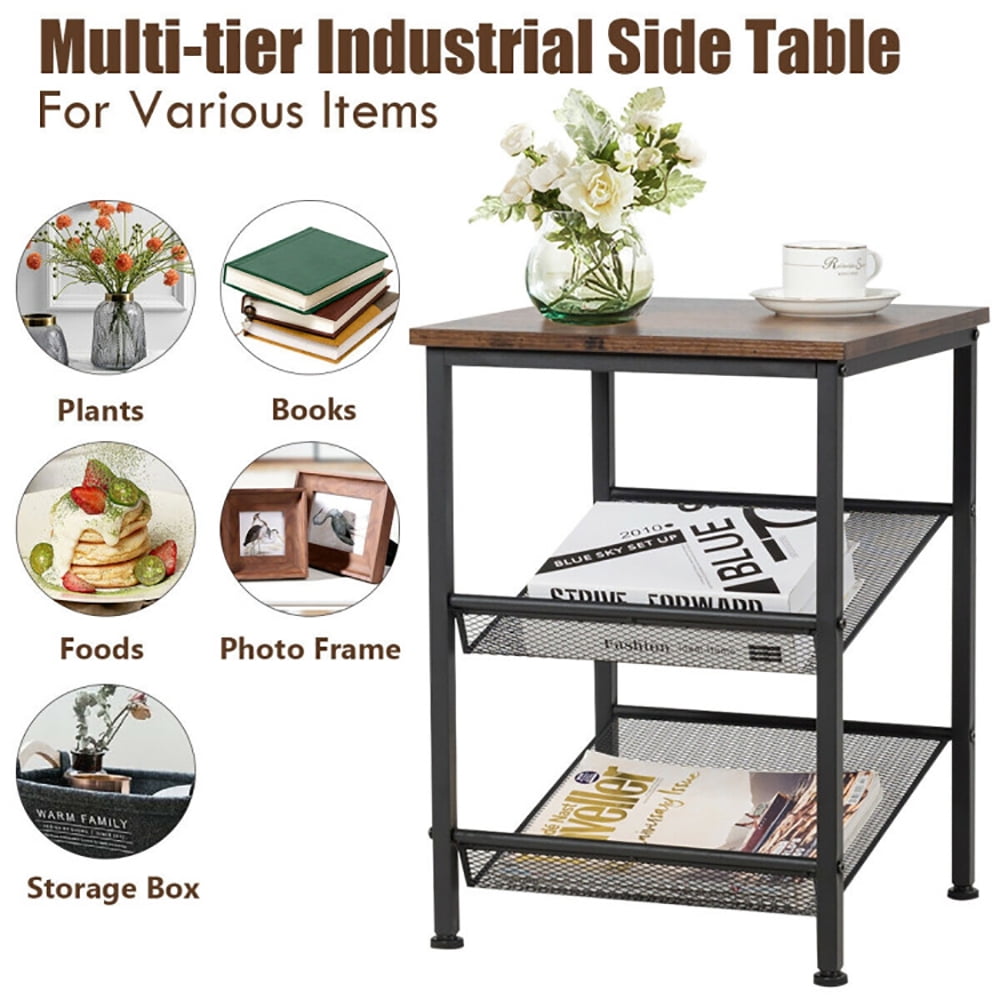 Finihen End Table, 3-Tier Industrial End Table with Mesh Shelves and Adjustable Shelves, Sofa Side Table, Bed Side Table, for Living Room, Bedroom, Brown Finihen End Table, 3-Tier Industrial End Table with Mesh Shelves and Adjustable Shelves, Sofa Side Table, Bed Side Table, for Living Room, Bedroom, Brown