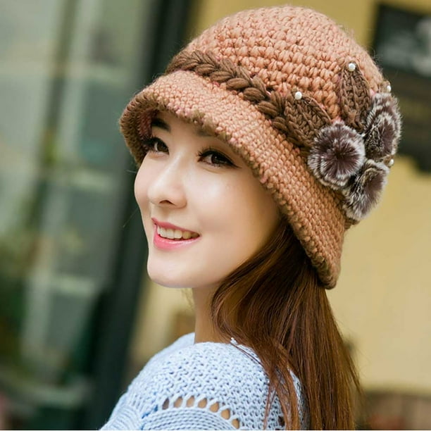 Winter Hats for Women Beanie Hats for Men Fashion Lady Winter Warm Crochet Knitted Flowers Decorated Ears Hat PK