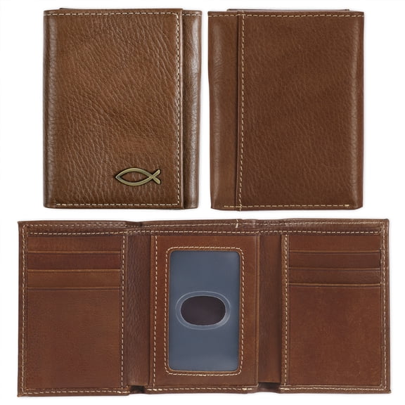 Christian Art Gifts Genuine Premium 100% Full Grain Leather RFID Blocking Trifold Wallet with Jesus Fish Emblem for Men: Faith-based Inspirational Accessory for Credit Cards, Bills, ID, Photos, Brown