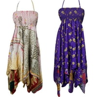 Mogul Lot Of 2 Womens Beach Dress Recycled Vintage Sari Handkerchief Hem Boho Halter Printed Purple Pink Boho Chic Sundress XS