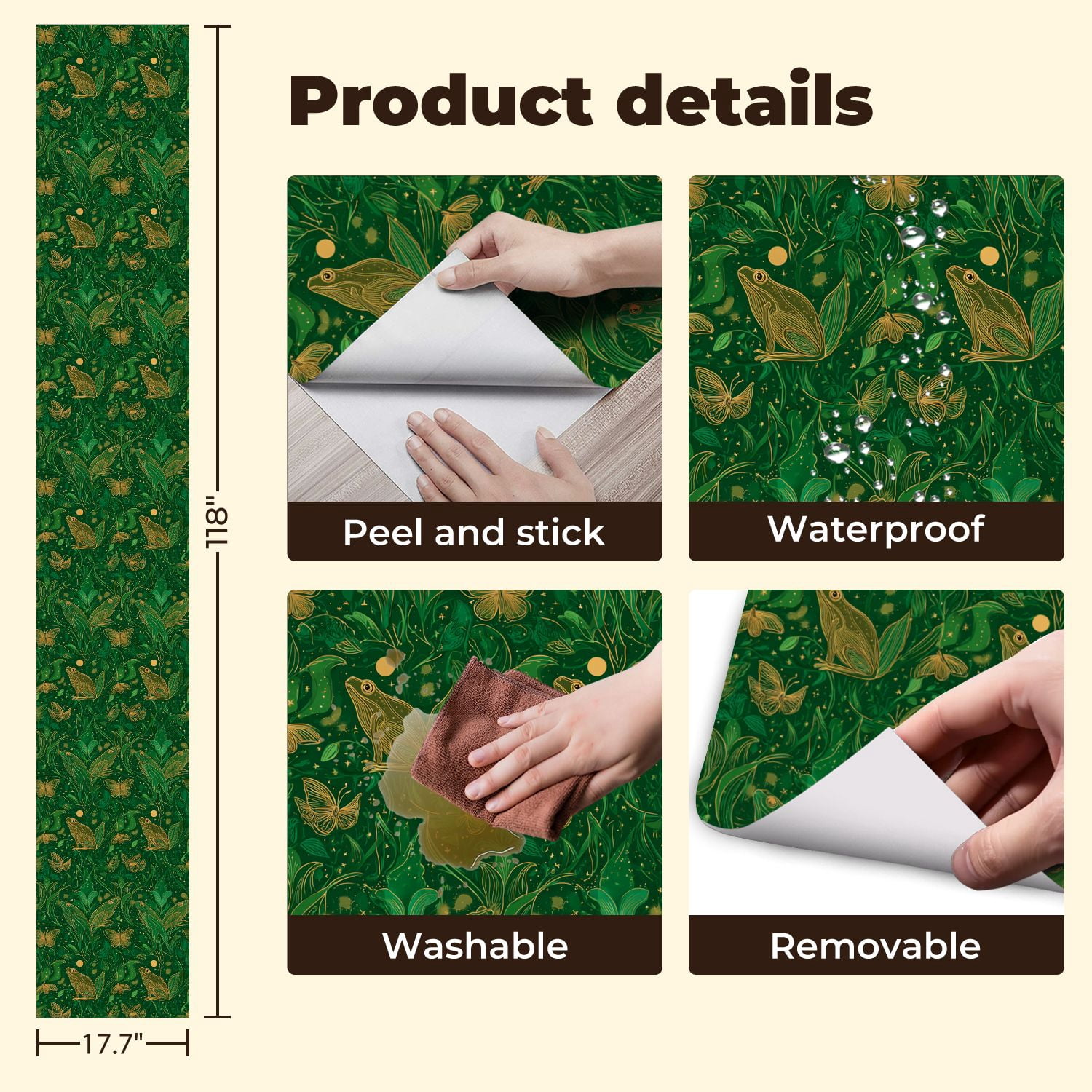 Vintage Peel and Stick Wallpaper Whimsical Frogs Butterflies Floral Elements Green Gold Wall Mural 17.7in x 9.8ft Self Adhesive Removable Wall Paper Renter Friendly Wallpaper for Nursery Bedroom