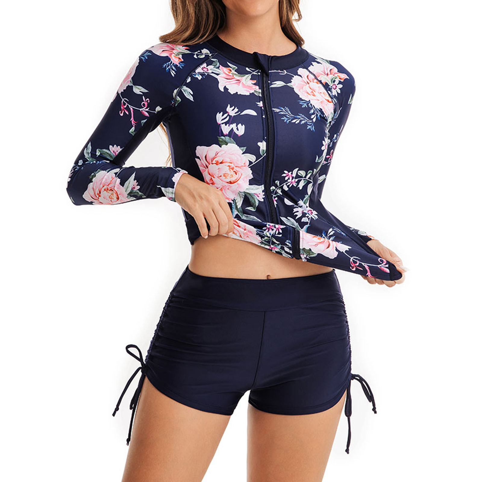 pbnbp Women 2 Piece Rash Guard Long Sleeve Zipper Bathing Suit with