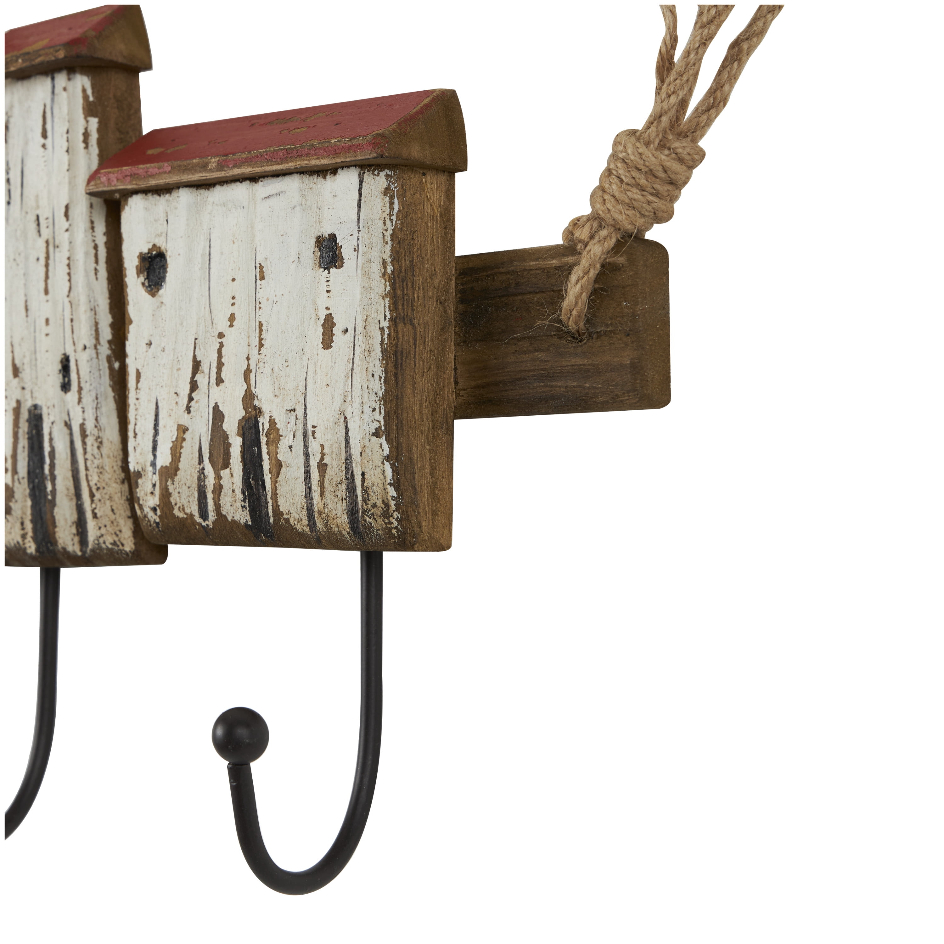 DecMode 16" x 11" Cream Wood Handmade Distressed House 3 Hanger Wall Hook with Red Roof Accents and Hanging Rope, 1-Piece