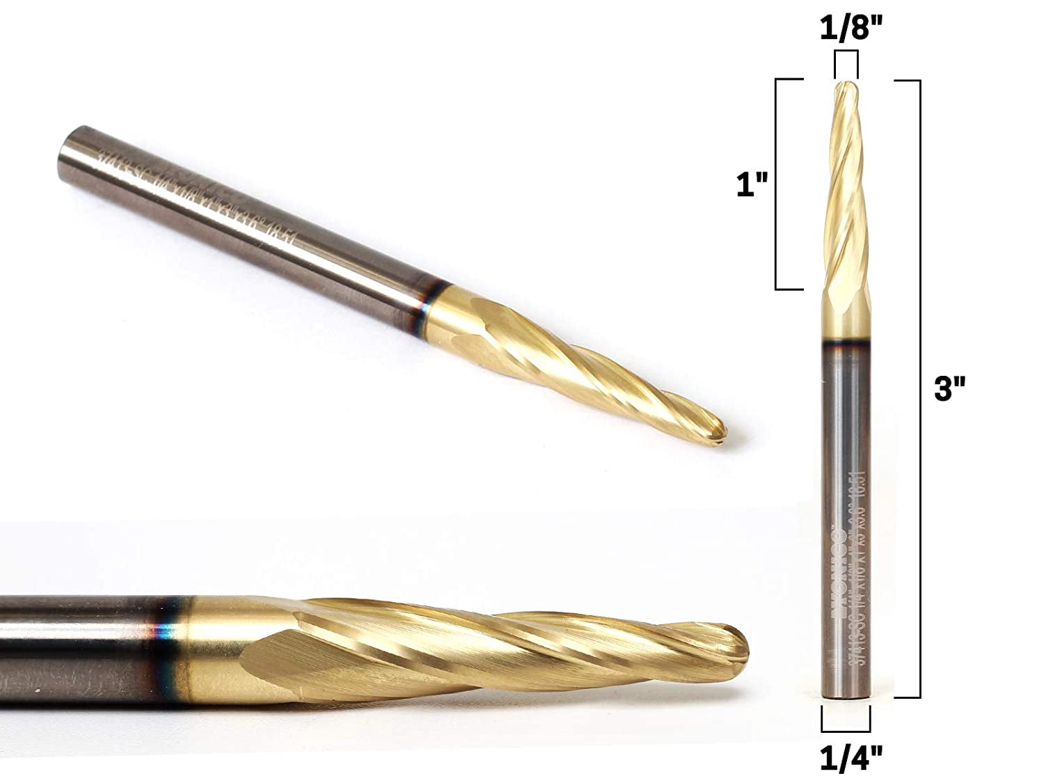 1/8" Tapered Ballnose Spiral ZRN Coated CNC Router Bit - 1/4" Shank - Yonico 37413-SC