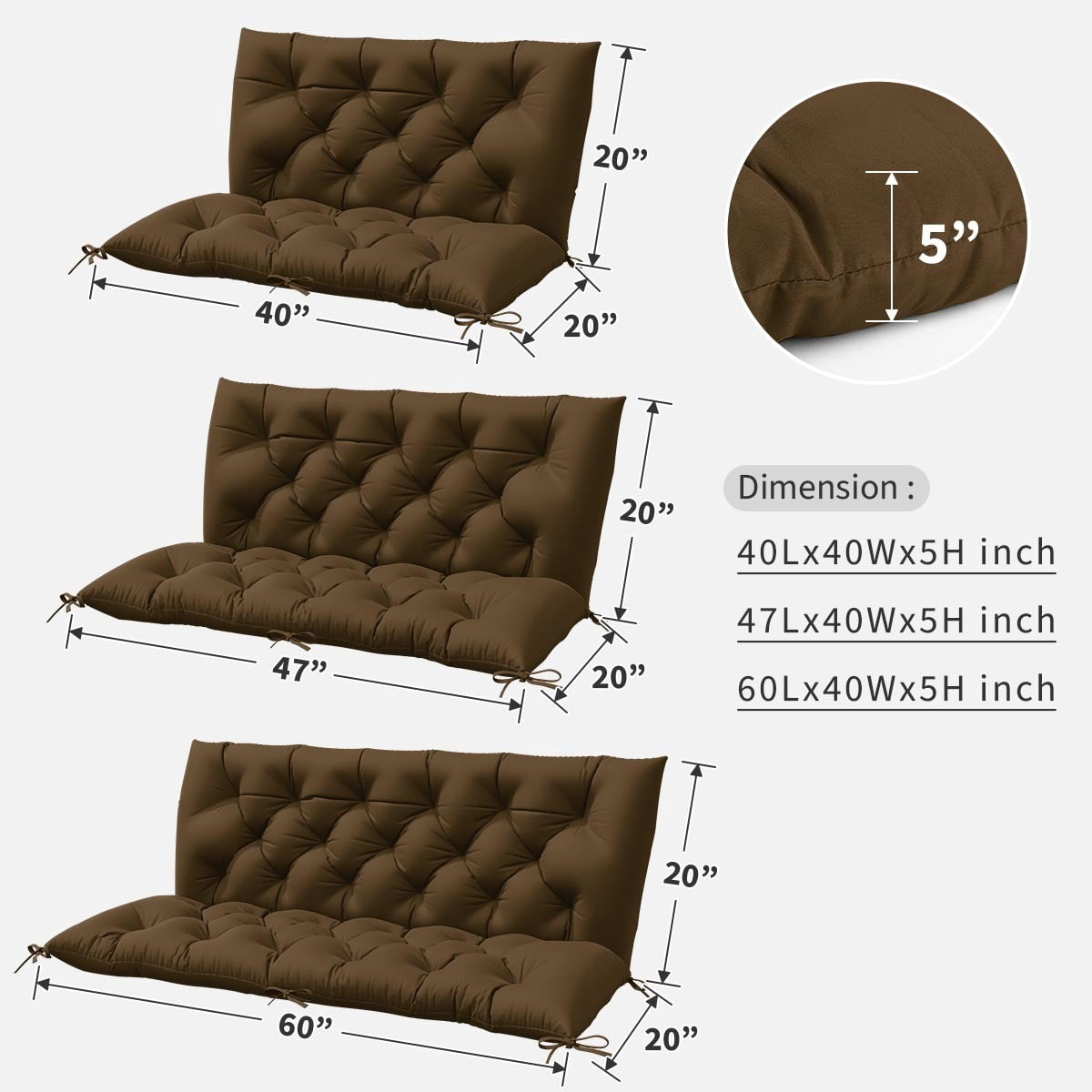 Pakunoda Porch Swing Cushions 47” X 40” X 5”, 2-3 Seater Bench Cushion with Backrest, Waterproof Replacement Outdoor Cushion with Tie, Chocolate