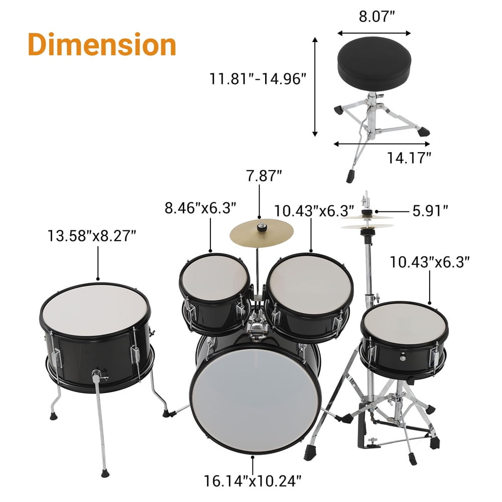 5 Piece Kids Drum Set, Junior Drum Kit with Bass Drum, Tom, Snare Drum, Hi-Hat, Cymbal and Drum Pedal, Full 16in Youth Drum Set with Drumsticks and Drum Stool for Boys and Girls