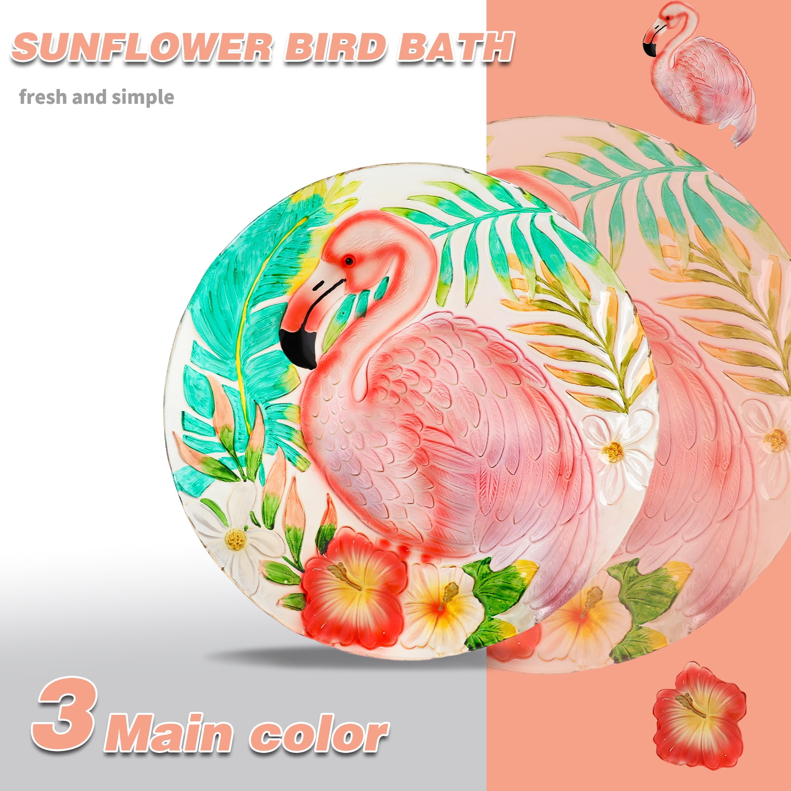 Flamingo Glass Bird Bath with Metal Stand – Bird Bath, Outdoor Bird Feeder & Decor, Stable Iron Frame for Patio/Garden, Colorful Floral & Leaf Accents