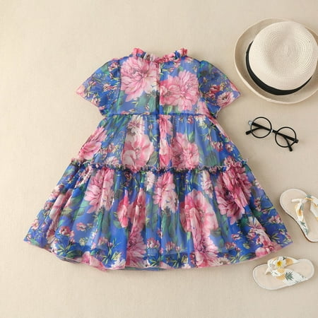 

NECHOLOGY Toddler Girls Dress Summer Short Sleeve Fashion Floral Prints Small Fresh Style Dress Princess Dress Toddler Clothes Dress Blue 3-4 Years