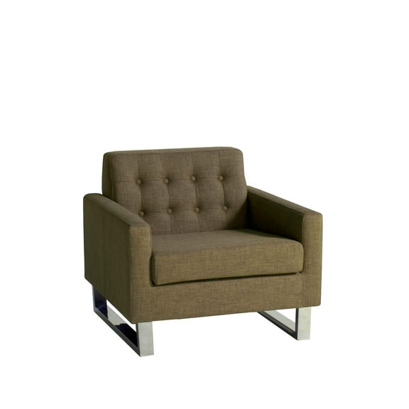 Benjara Loe 35" Accent Chair- Modern Tufted Seat- Brown Fabric- Steel Legs