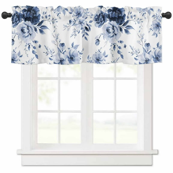Hokiten Rod Pocket Curtain Valance, Blue Floral Art Farmhouse Window Valance for Living Room, Bedroom, Kitchen Watercolor Botanical Spring Flowers 42"W x 18"L