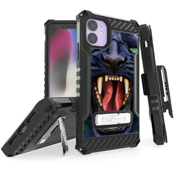 Tri-Shield [FIERCE CREATURE SERIES] Rugged Case Metal Kickstand Cover   Belt Clip Holster [ANIMAL DESIGN] for Apple iPhone 11 (2019, 6.1" Model)