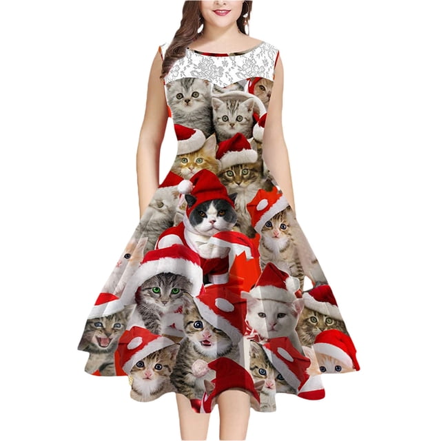 Pudcoco Women's Dress Christmas Style Pattern Lace Sleeveless Midi Dress