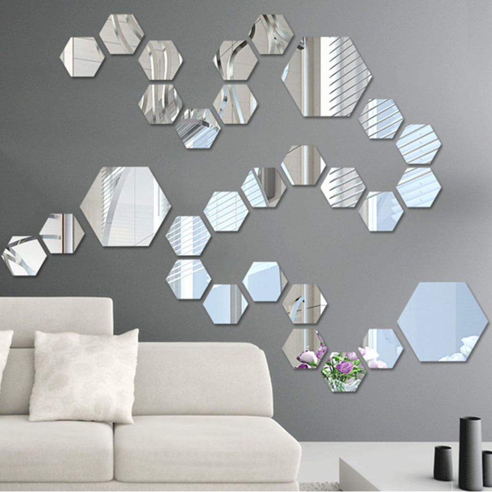 24 PCS Removable Acrylic Hexagon Wall Sticker for Living Room Bedroom Bathroom Dining Room Enterway Bar Washroom Kitchen Wall Decor Non Glass,Side Length: 6.3 cm） Mirror Sticker Wall Decor 