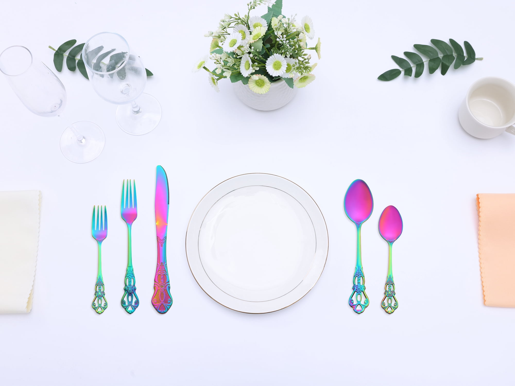 Unique Bargains 30 Piece Silverware Stainless Steel Flatware Set with Openwork Colorful