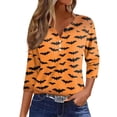thumbnail image 1 of Camiseta de mujer con estampado de Halloween, botones, manga 3/4, estilo diario, fin de semana, moda básica, escote en V, top regular, 1 of 5