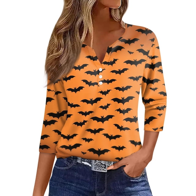 Camiseta de mujer con estampado de Halloween, botones, manga 3/4, estilo diario, fin de semana, moda básica, escote en V, top regular