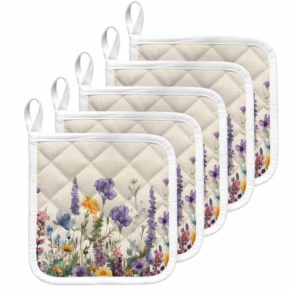 Spring Floral Pot Holders for Kitchen Heatproof Potholder, 5 Pack Purple Flowers Summer Botanical Rustic Hot Pads Multipurpose Oven Pads Cloth Potholders Trivet for Cooking Baking