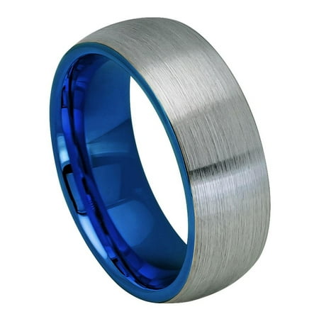 Men Women 8MM Comfort Fit Tungsten Carbide Wedding Band Domed Blue Inside Brushed Gun Metal Tone Ring (7 to