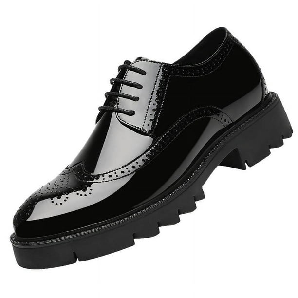 Zapatos de plataforma con tacón alto de 4 cm de altura para hombre, informales, de piel de charol, estilo brogue, estilo Oxford, formales, con plataforma y aumento de altura (25,5 cm)