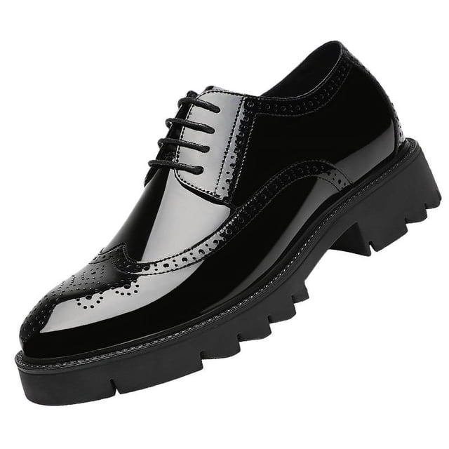 Zapatos de plataforma con tacón alto de 4 cm de altura para hombre, informales, de piel de charol, estilo brogue, estilo Oxford, formales, con plataforma y aumento de altura (25,5 cm)