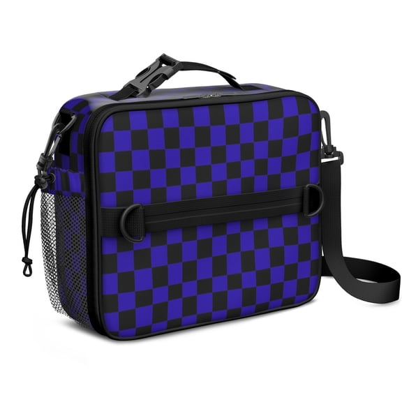 Blue and Black Checkered Pattern Insulated Lunch Bag with Shoulder Strap and Bottle Holder,Bento School Lunch Bag Box,11x9.5x3.5 Inches