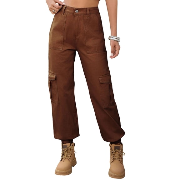 Jeans for Women Casual Lightweight Elastic Waist Stretchy Pants Summer Trouses with Pockets Brown M