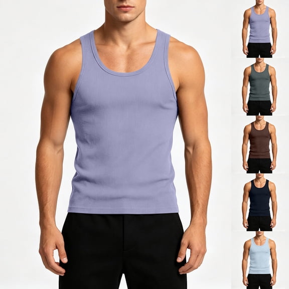 Men's Ribbed Tank Top U Neck Sleeveless Muscle Workout Gym Shirt Cotton Breathable Athletic Beach Summer Fitness Undershirt Big and Tall Size L-4XL Purple