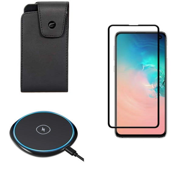 Galaxy S10e Case Belt Clip w Wireless Charger w Screen Protector - Leather Swivel Holster, Fast 7.5W and 10W Charging Pad, Tempered Glass 5D Curved Edge for Samsung Galaxy S10e Phone
