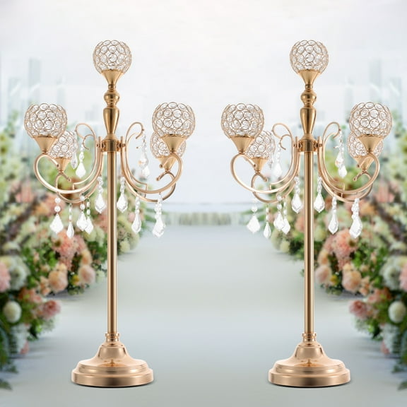 5-Arm Candelabra with Crystal Pendants, Gold Electroplated Freestanding Candle Holder for Weddings, Dinners, and Stylish Home Decoration