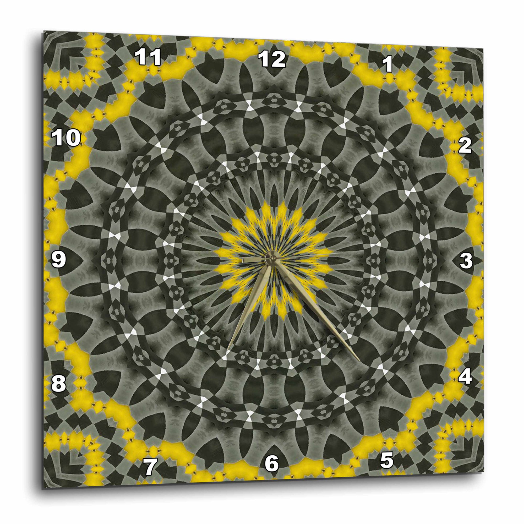3drose, Illuminating Yellow and Grey Kaleidoscope Mandala, 10x10 Wall Clock