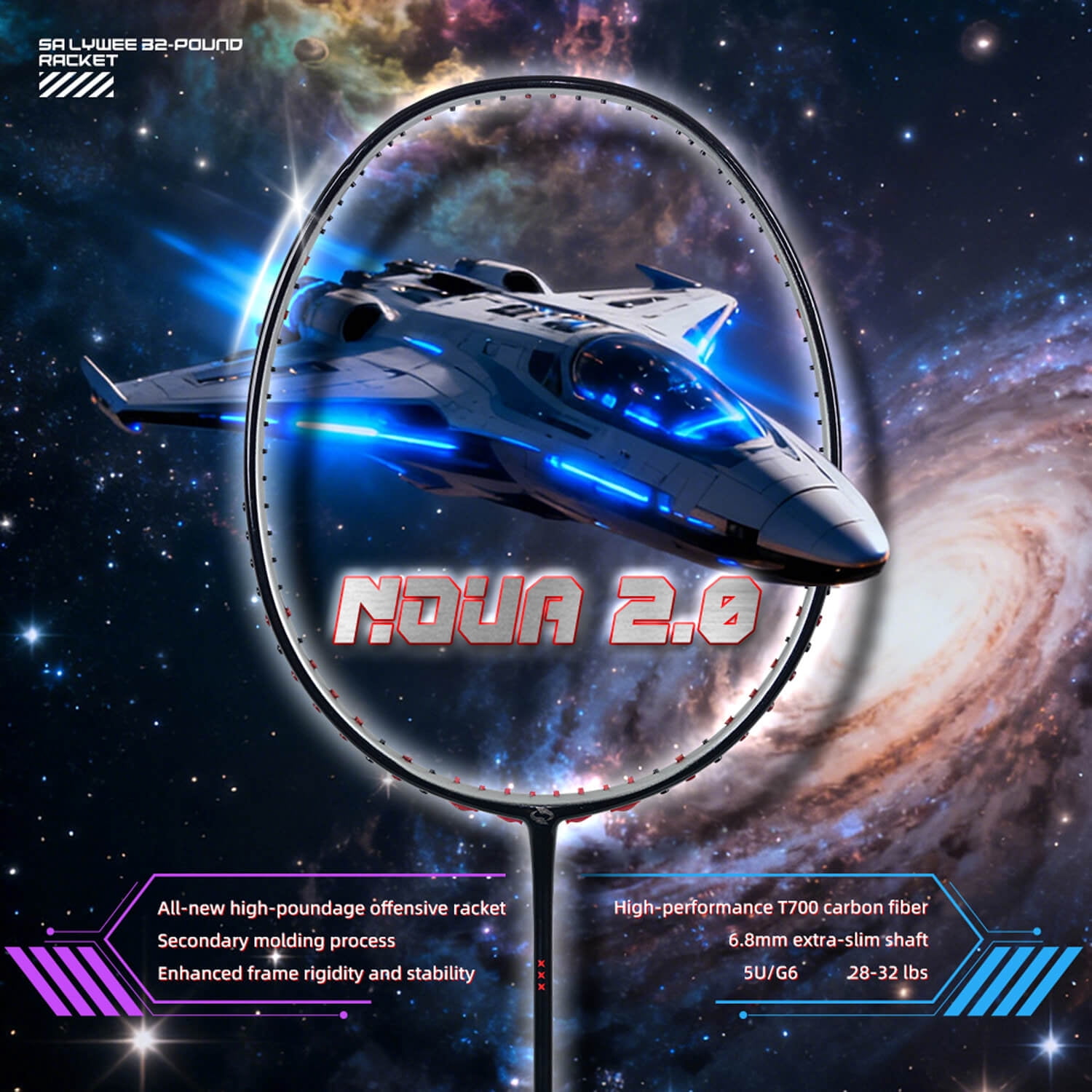NOVA Upgraded Badminton Racket - T800+30T Full Carbon Fiber, 5U 77±3g (Unstrung), Offensive (305±5mm), 28-32lbs, Carbon Cloth Bottom Cover, Fish Mouth Sharp Cone Cover, Gradient Electroplated Design