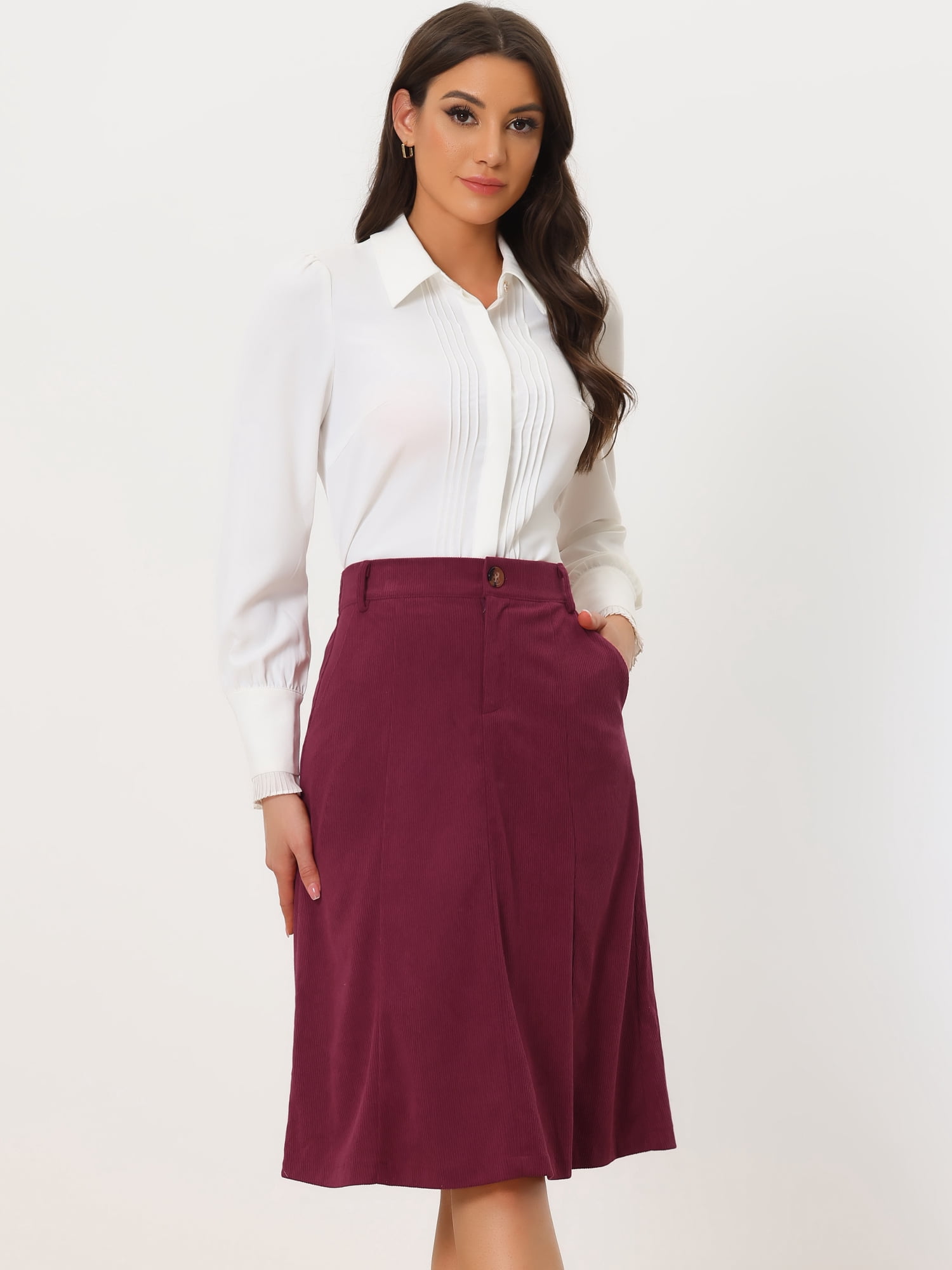 DARING DIVA Women's A-Line Belted Fall Midi Corduroy Skirt S Burgundy