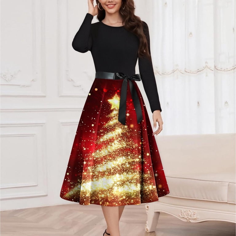 qucoqpe Women's Long Sleeve Christmas Printed Dressy Dress Elegant Vintage Round Neck Holiday Party A Line Midi Dress with Belt - Walmart.com qucoqpe Women's Long Sleeve Christmas Printed Dressy Dress Elegant Vintage Round Neck Holiday Party A Line Midi Dress with Belt - Walmart.com