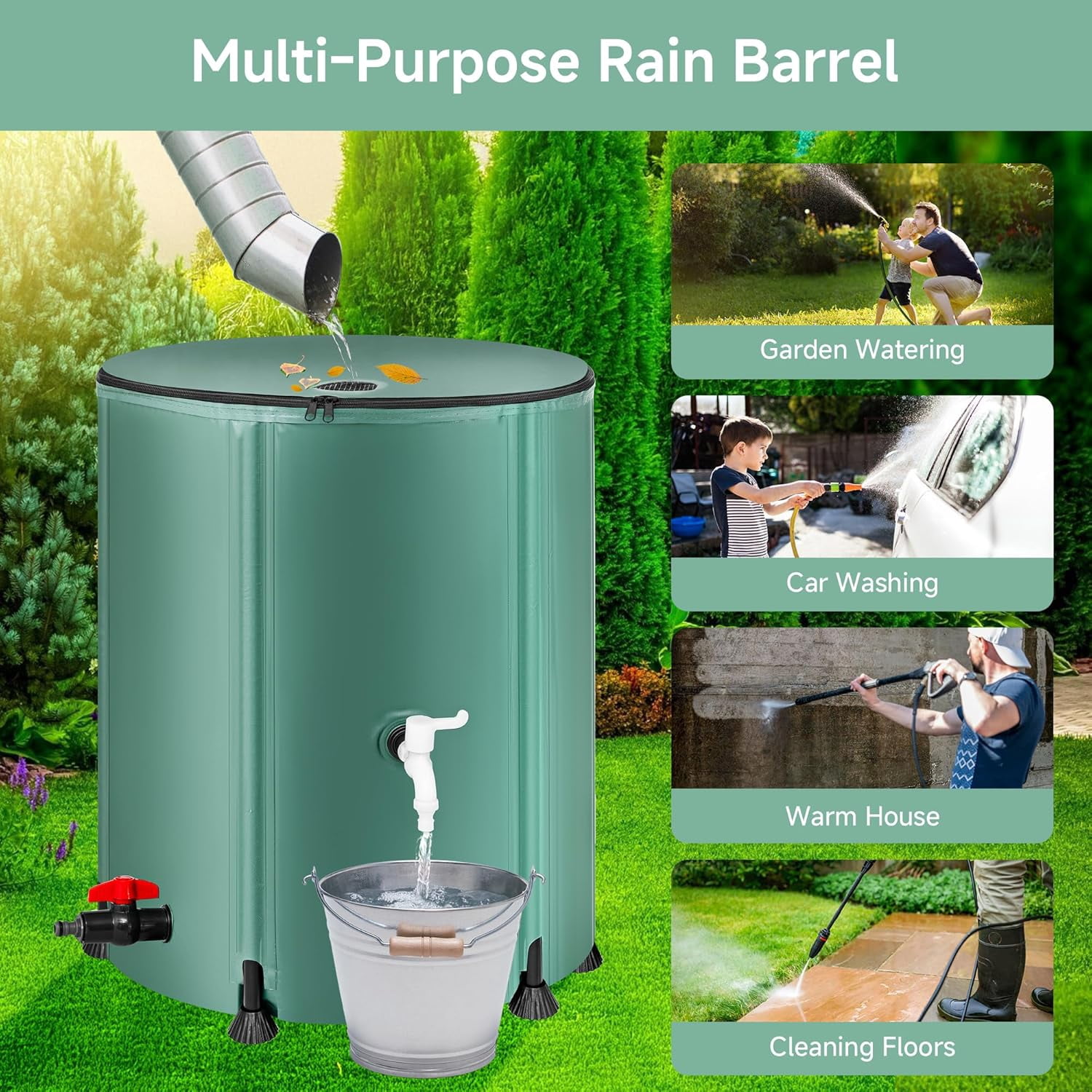 Collapsible 53 Gallon Rain  Water Storage Container with Spigots, Filter & Overflow Kit - Leak-Proof &