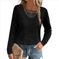 thumbnail image 1 of Camiseta de Mujer con Encaje de Piña y Costuras, Color Liso, Larga, Cuello Redondo, Informal. Negro L, 1 of 7