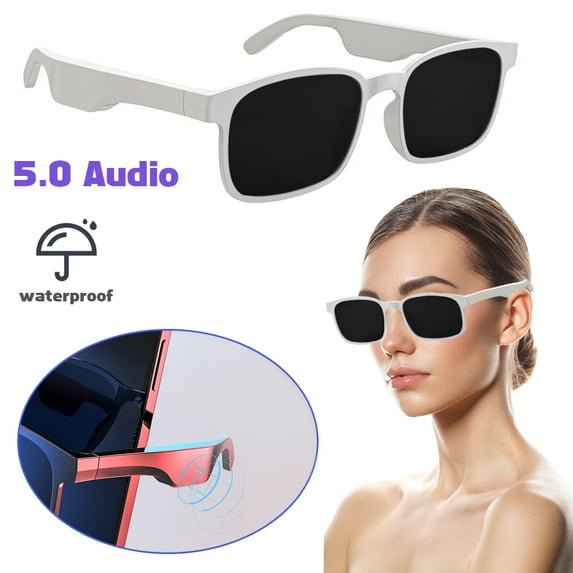 LNGOOR Bluetooth Sunglasses Wireless Smart Glasses Waterproof Open Ear Audio Headphones with Stereo Speaker for Outdoor Sports (White)