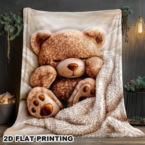 Sleepy Teddy Bear Print Flannel Throw Blanket, Choose From 30 x 40, 40 x 50, 50 x 60, 60 x 80 Inches, Soft Cozy Blanket for Bed